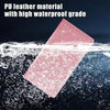 A pink PU leather material document holder is shown floating on water droplets.