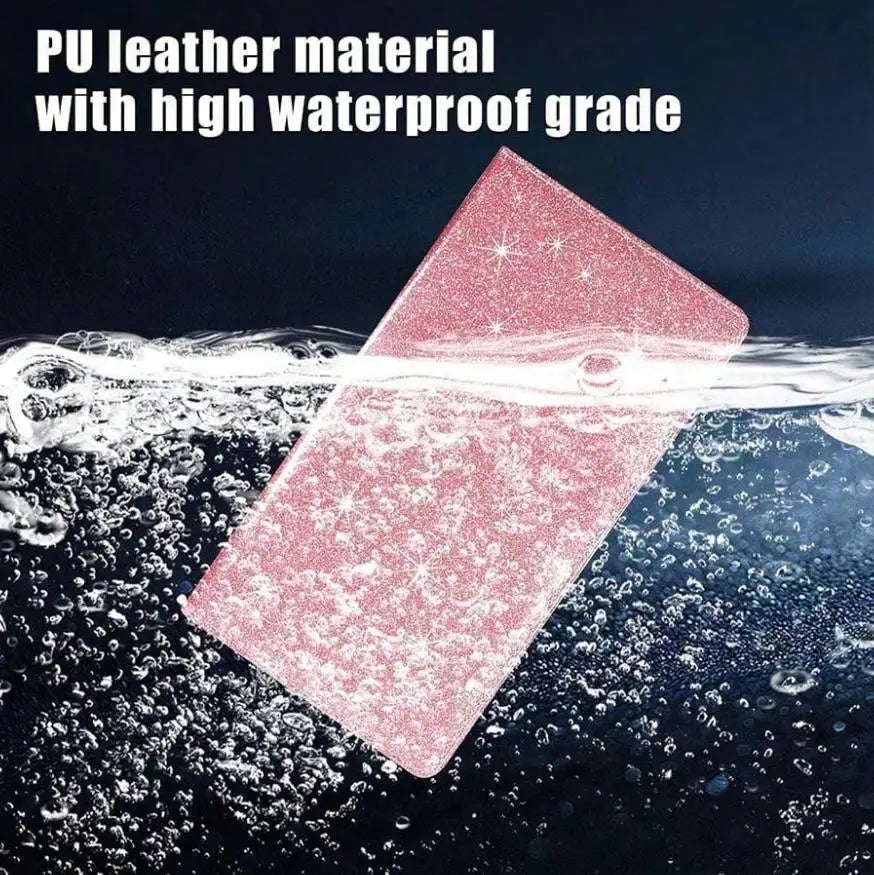 A pink PU leather material document holder is shown floating on water droplets.