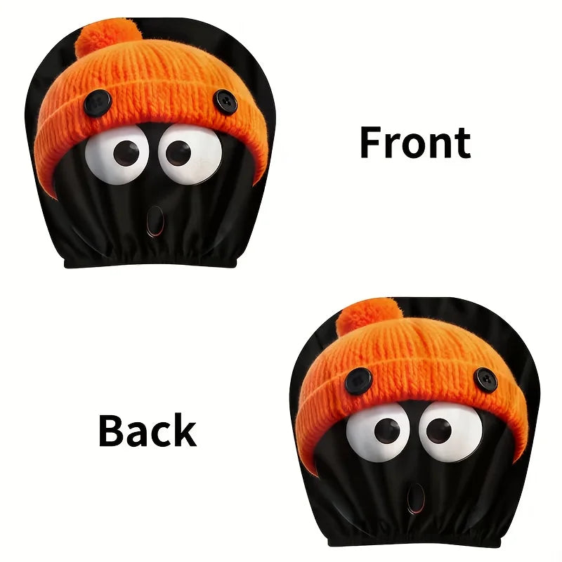 Vue de face et de dos d'une housse de tête pour chat orange tricotée noire