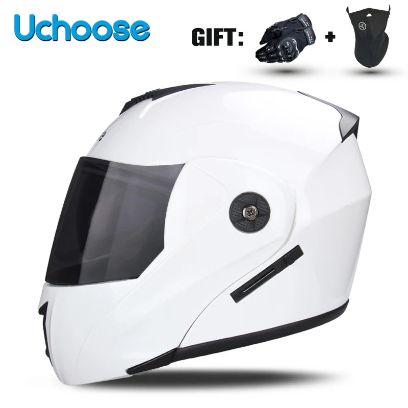 White Uchoose DOT certified double lens flip-up motorcycle helmet with a gift