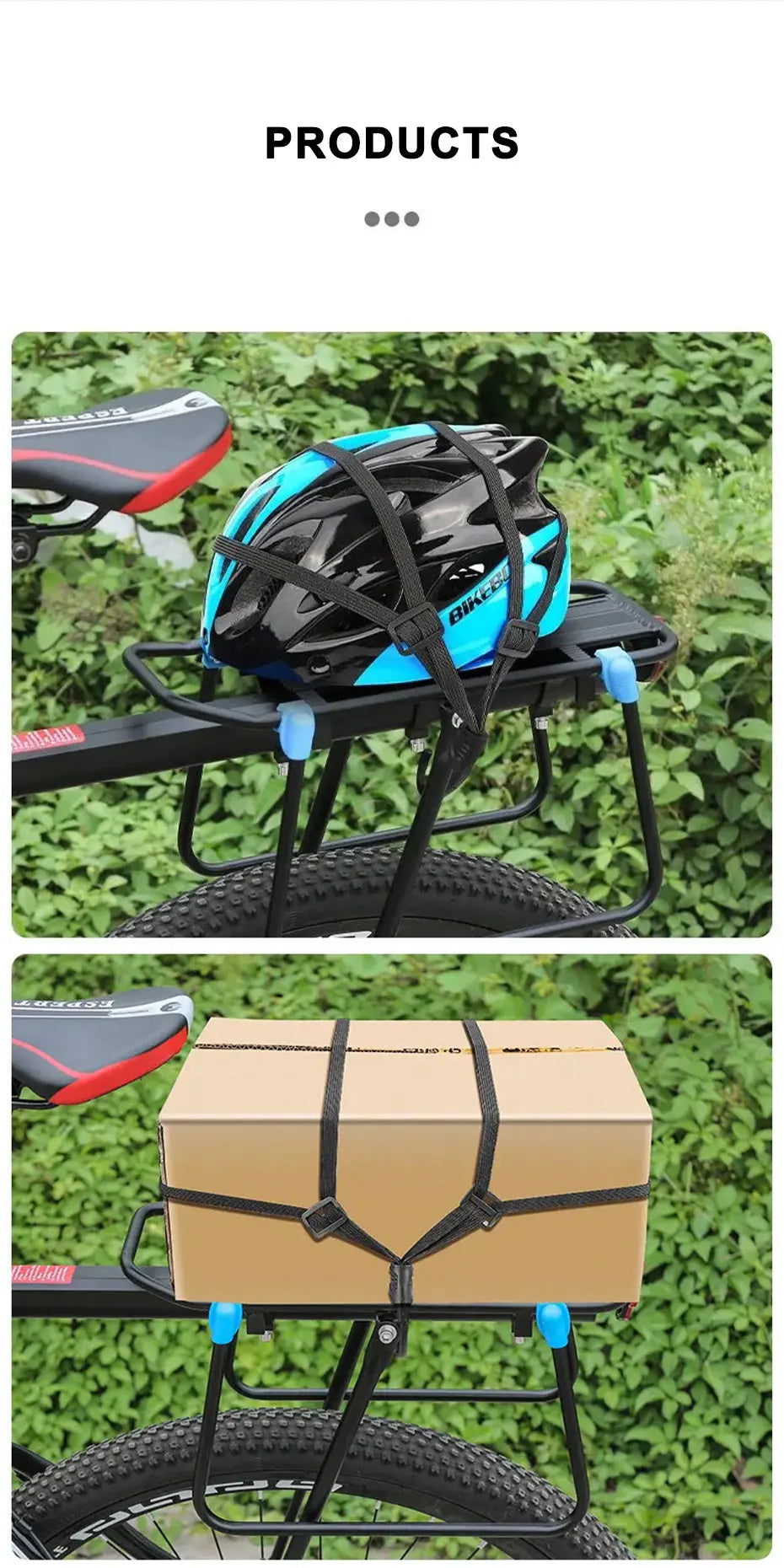 A black and blue helmet is secured on a motorcycle rack using a heavy duty seat strap kit.