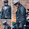 A collage of a person wearing a black leather jacket and a half helmet with a skull mask, standing in front of a brick wall.
