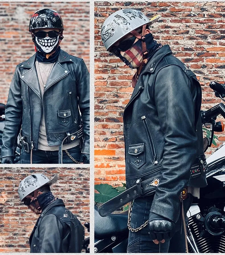 A collage of a person wearing a black leather jacket and a half helmet with a skull mask, standing in front of a brick wall.