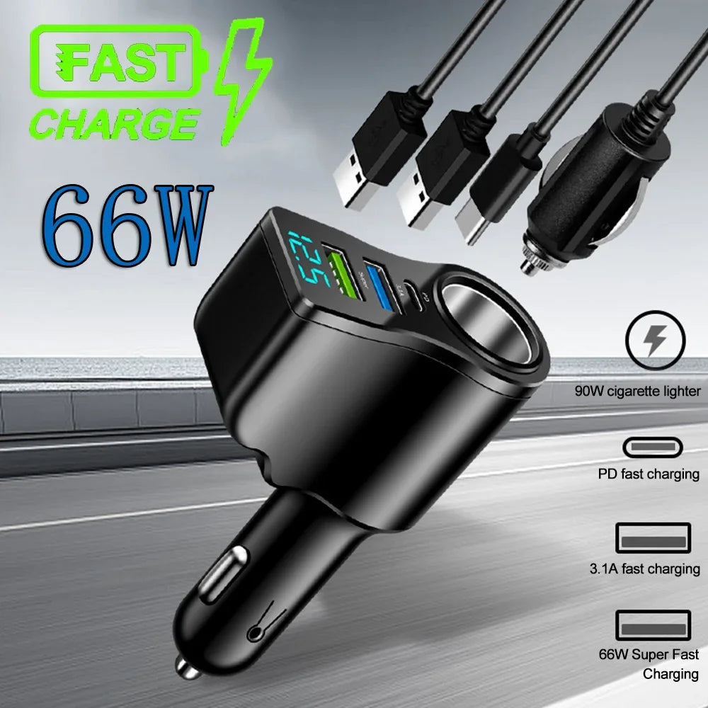 A black cigarette lighter adapter for fast charging, showing 66W super fast charging capability.