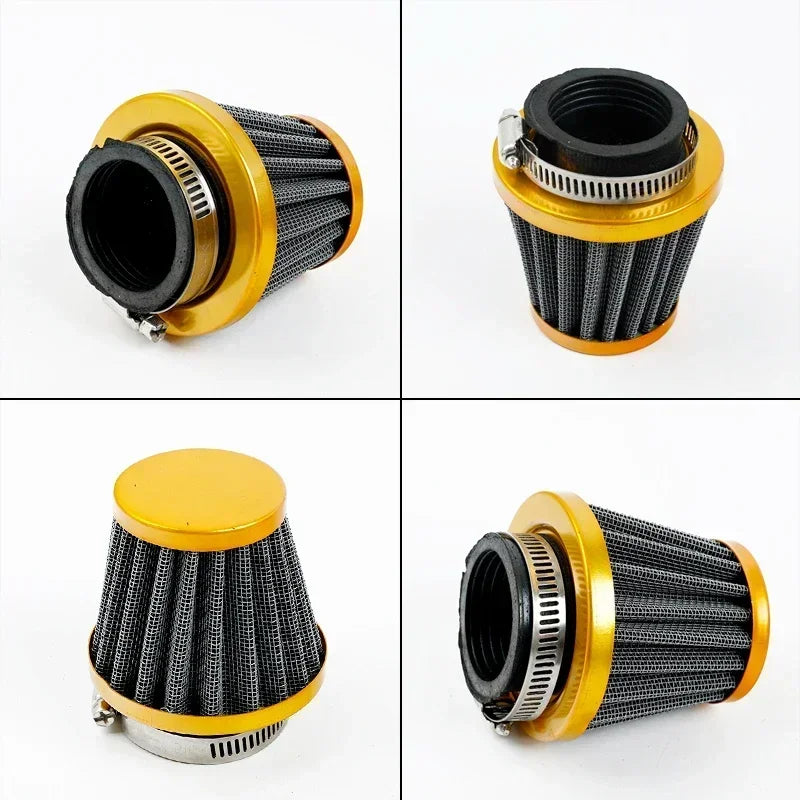 Ensemble de filtre à air universel pour moto, avec un filtre en maille noire et un boîtier doré.