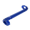 A blue adjustable motorcycle handlebar grip crossbar with a curved end and mounting features.