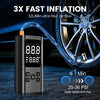 A black portable electric tire inflator is shown next to a car wheel, demonstrating 3x fast inflation capability.