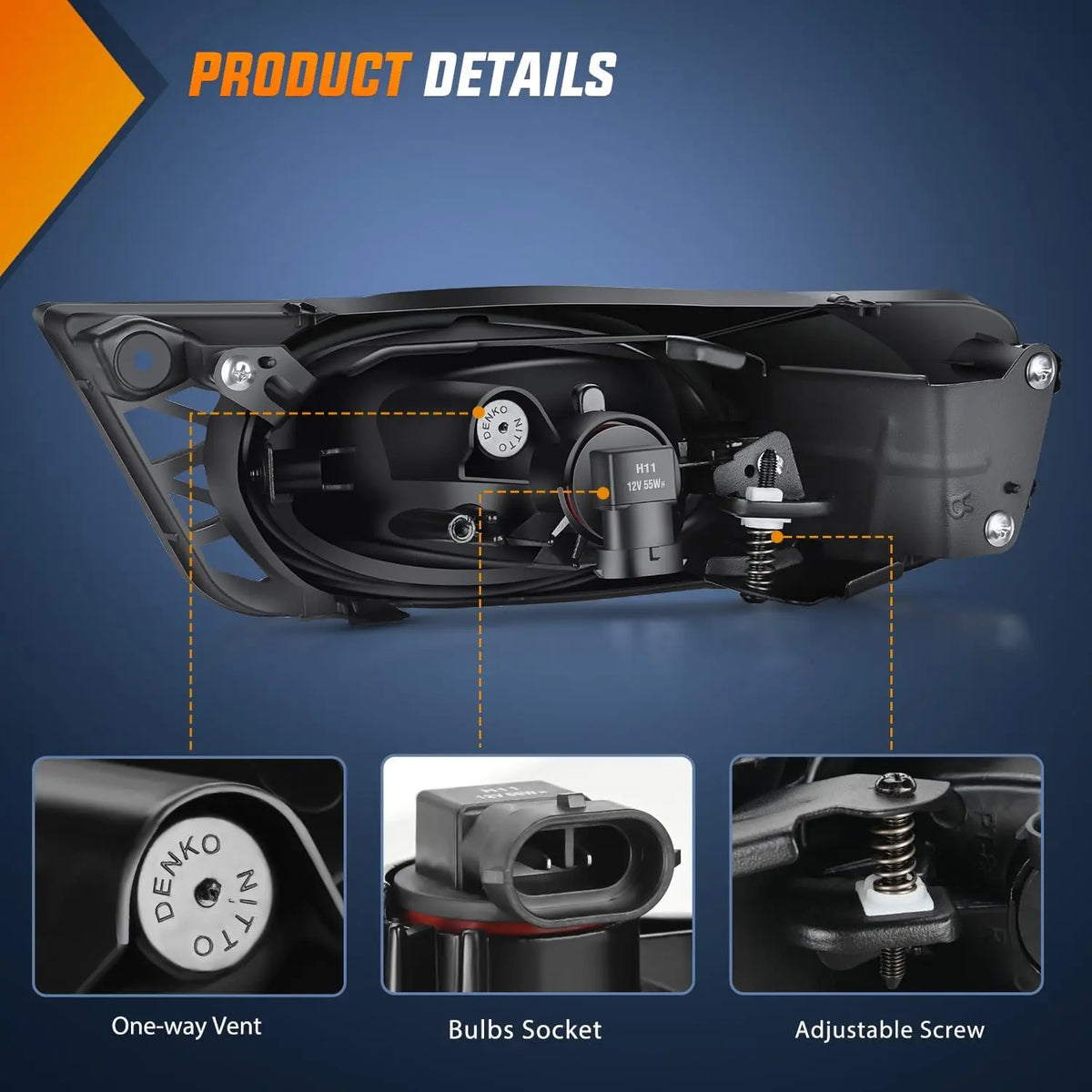 Detailed view of a Honda Civic fog light assembly showing the one-way vent, bulb socket, and adjustable screw components.