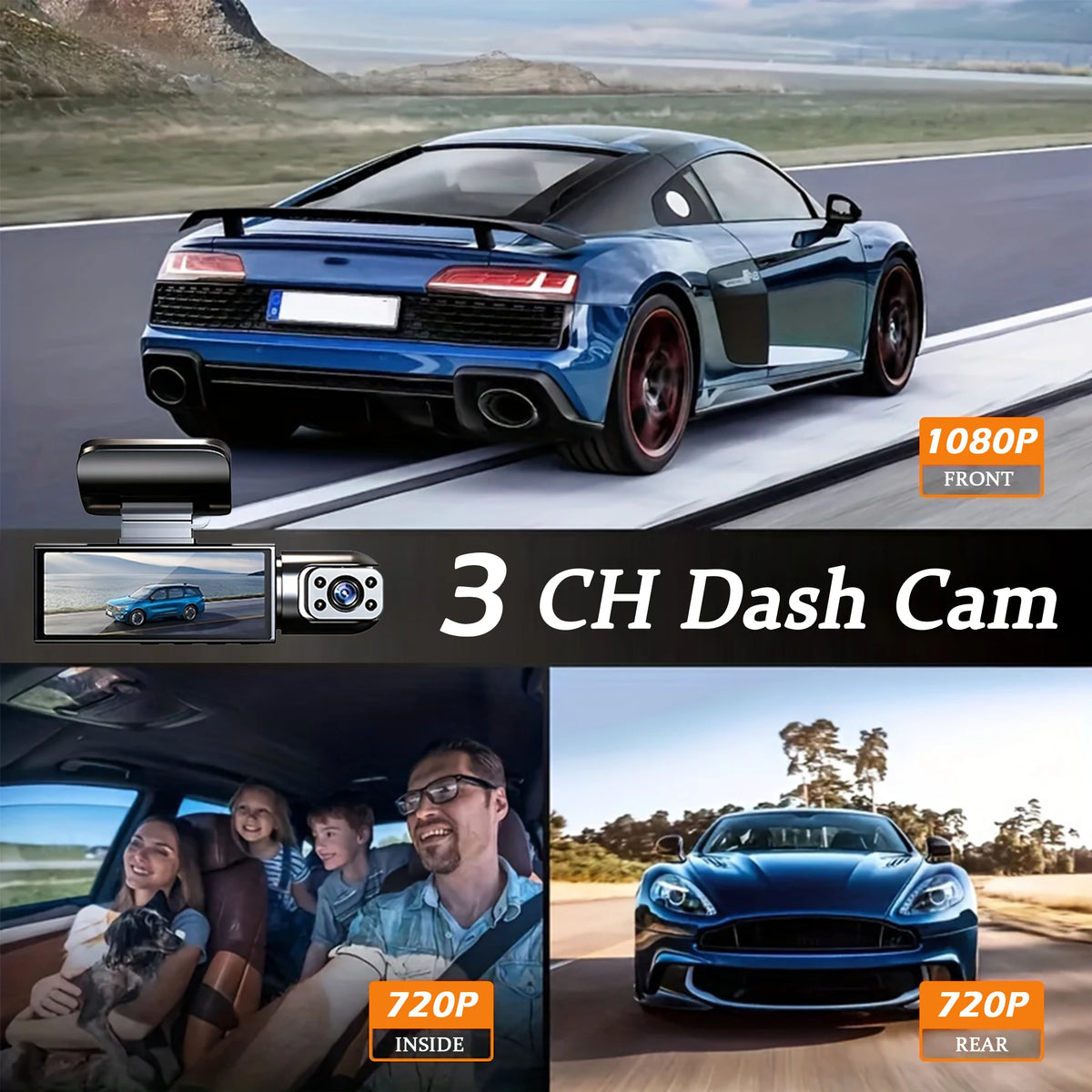 A blue sports car is shown in a driving context with multiple dash cam views displayed.