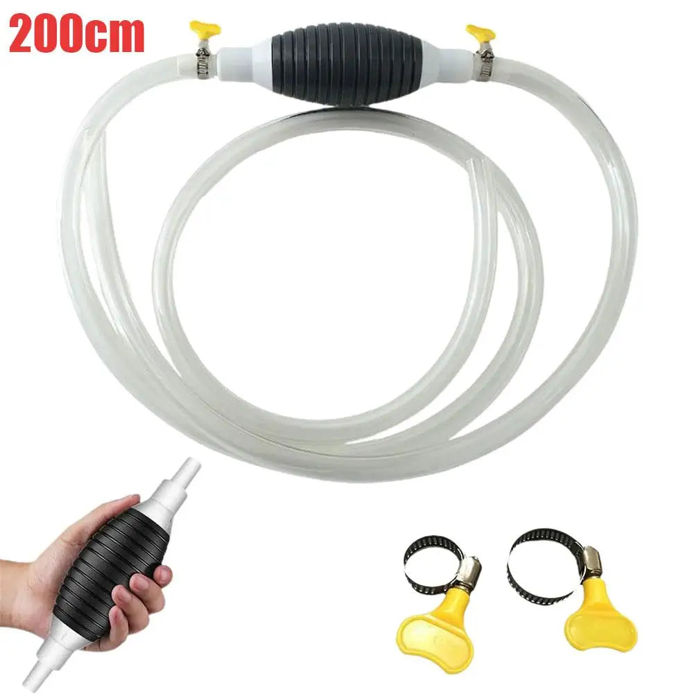 A white manual liquid transfer pump with a black handle and yellow tips is shown in various views.
