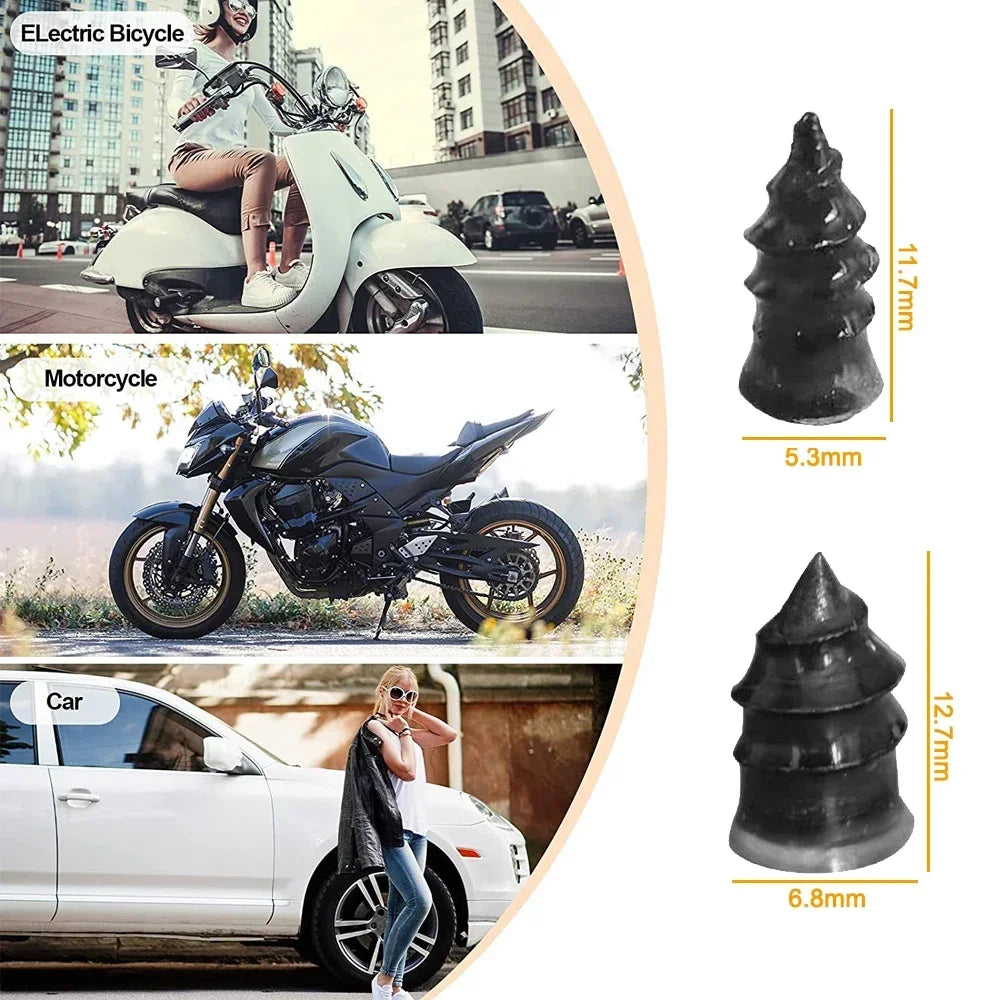 A collection of rubber tire repair plugs for cars, motorcycles, and bicycles shown alongside various vehicle types.