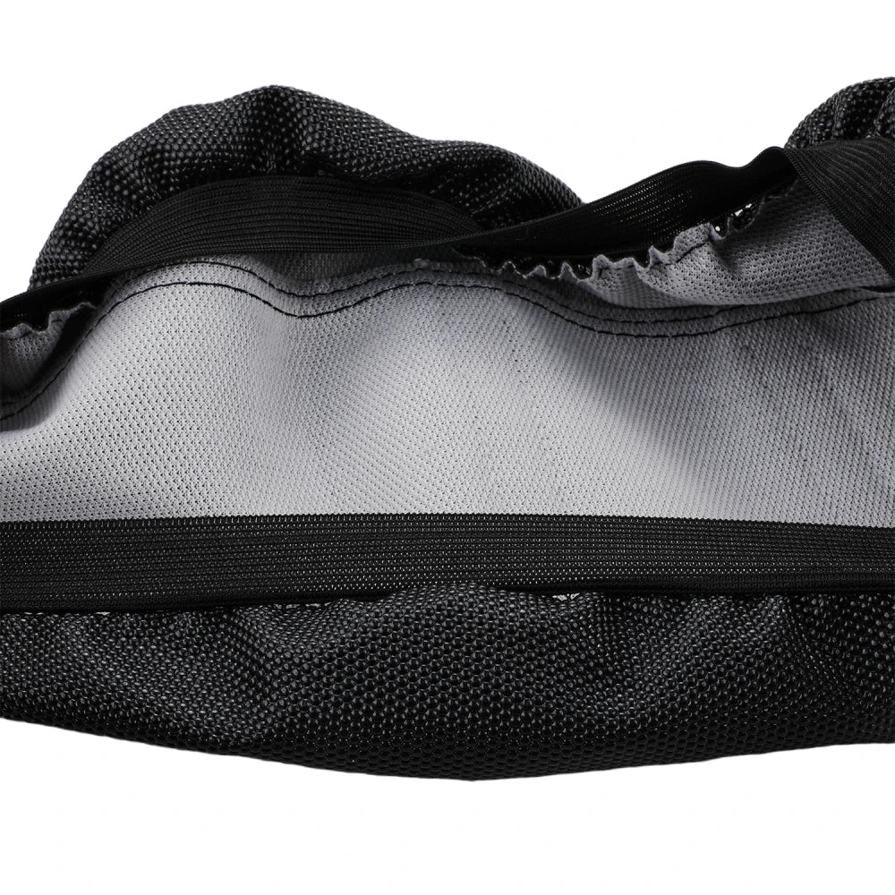 Black motorcycle seat cover protector showing layered fabric materials.