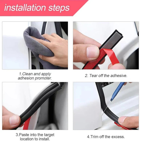 Installation steps showing how to clean, apply adhesive, paste, and trim a heavy duty car door weather stripping seal.