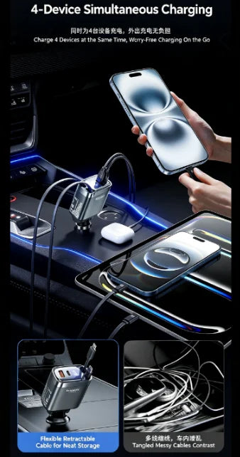 A hand is using a flexible retractable cable car charger to simultaneously charge four devices in a car.