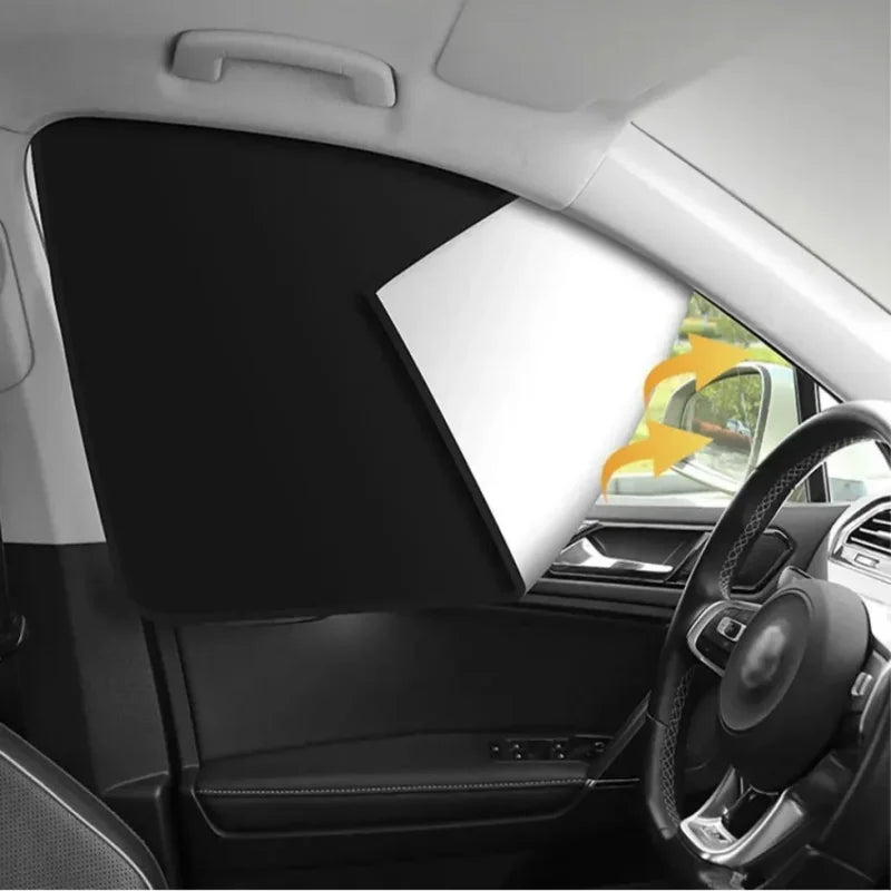 A black magnetic car window sun shade is shown installed in a vehicle interior.