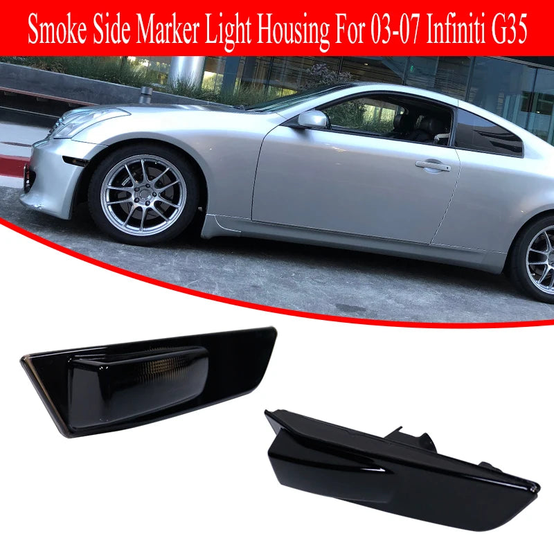 Black smoked lens side marker light housings for Infiniti G35 vehicle.