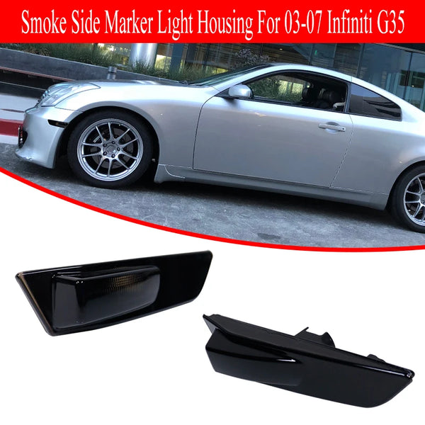 Black smoked lens side marker light housings for Infiniti G35 vehicle.