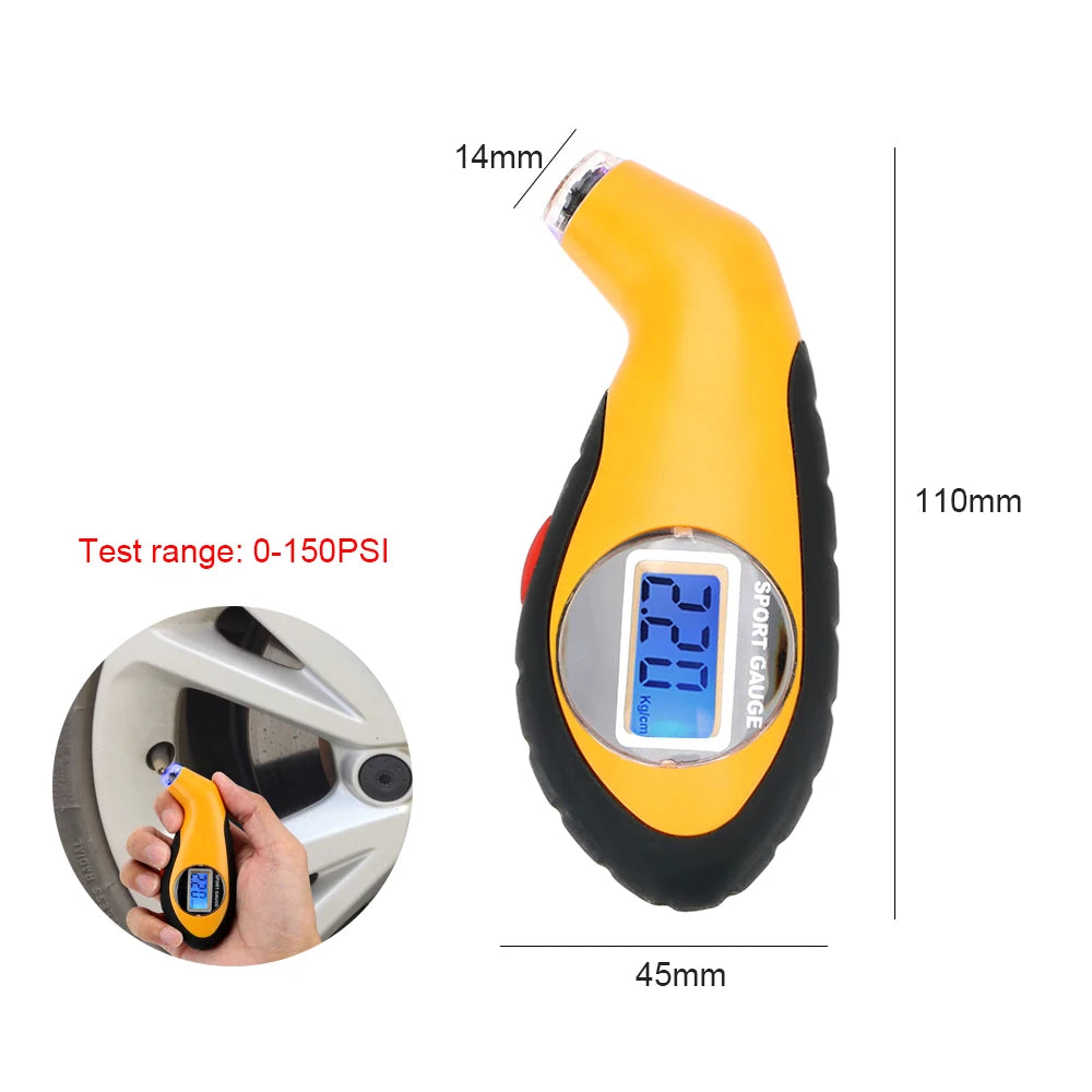 A yellow portable tire pressure monitoring system device is shown next to a tire and measurements.