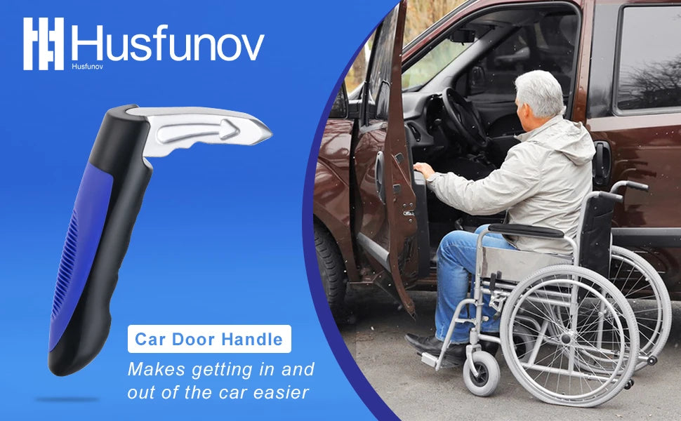 A silver and black car door handle is shown next to a man using a wheelchair to open a car door.