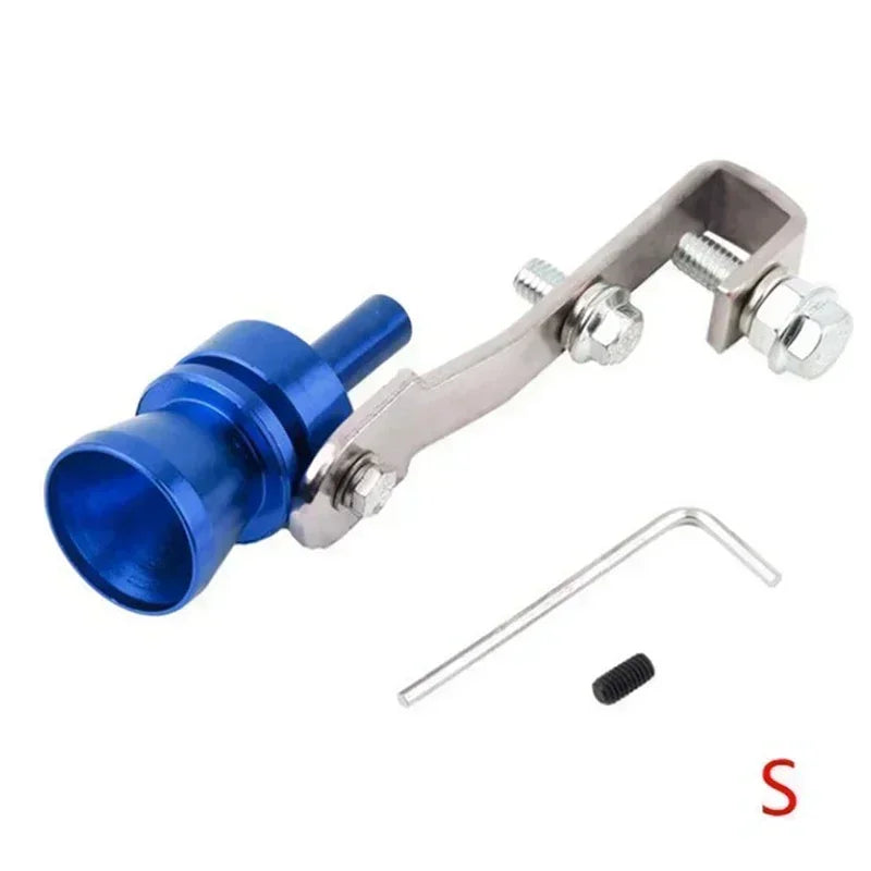 A silver metal turbo sound whistle with a blue nozzle and mounting hardware.