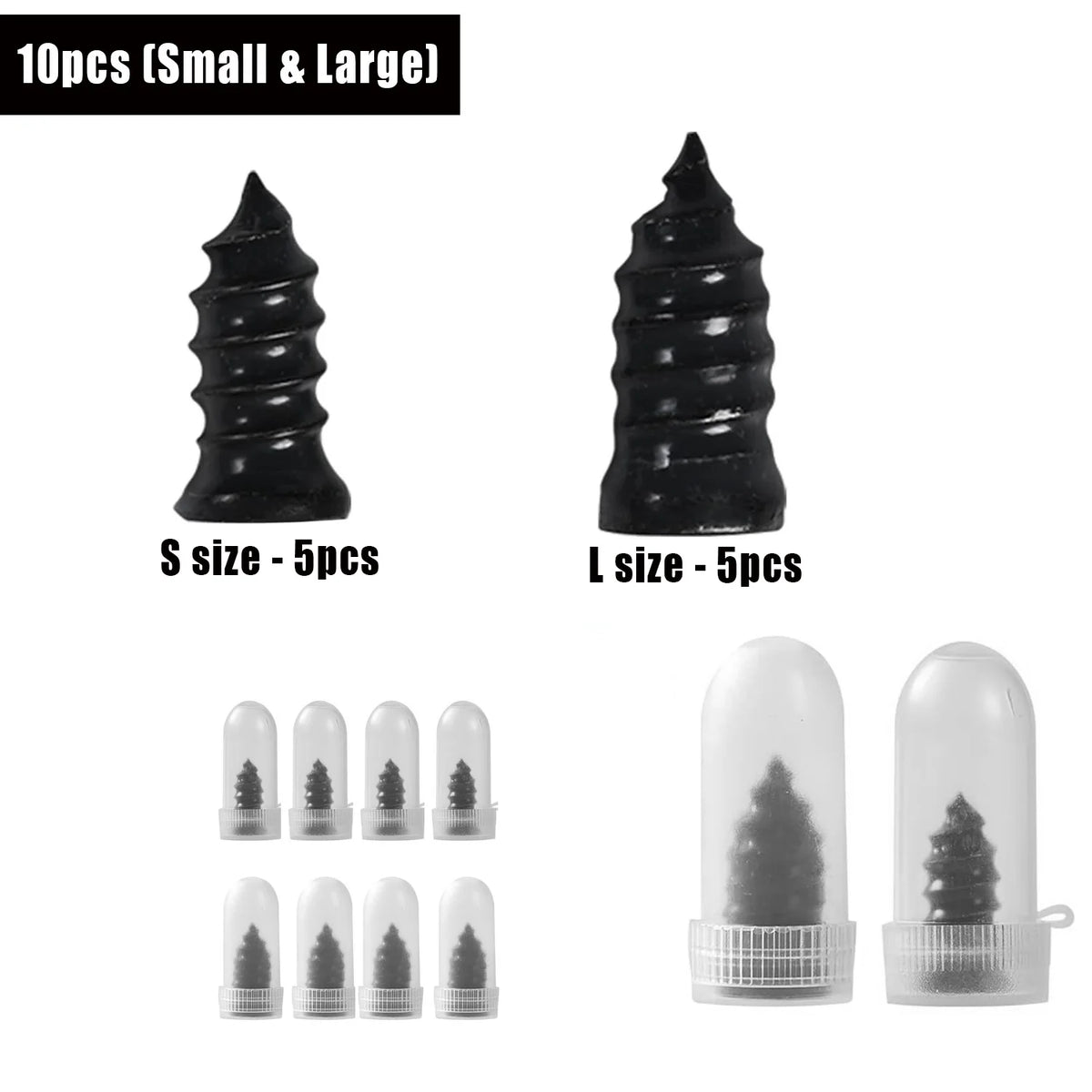 A set of 10 tire repair plugs in small and large sizes, including various sized plugs for automotive use.