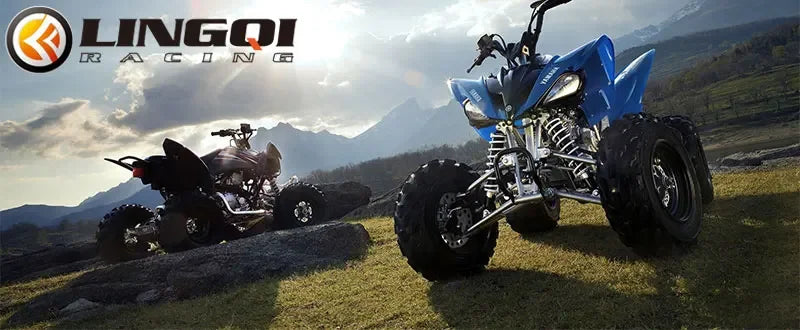 A blue LINGOI RACING motorcycle with large tires and custom features is shown in a scenic outdoor setting.
