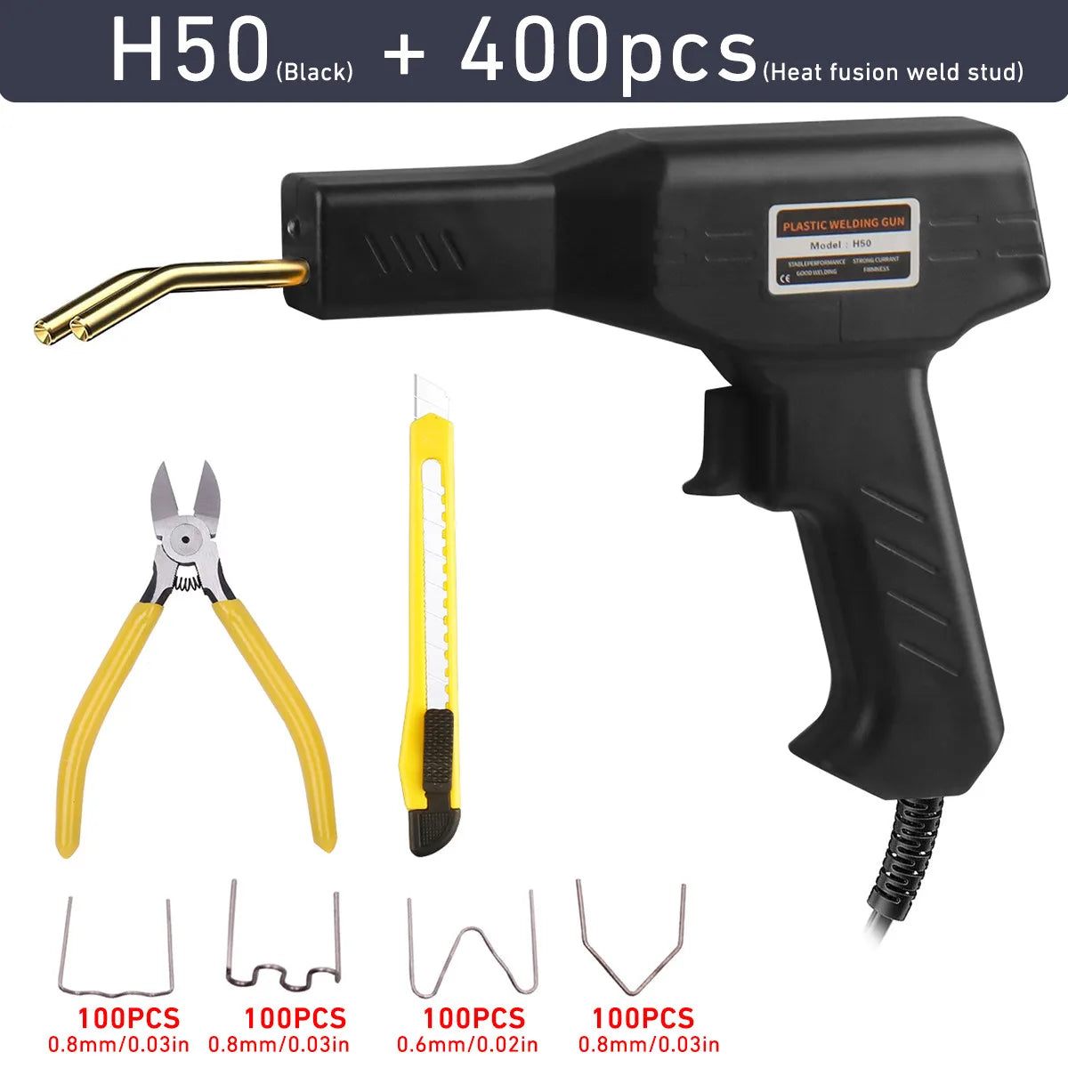 Black H50 plastic welding gun with 400 pieces of staples and various sizes for repair work