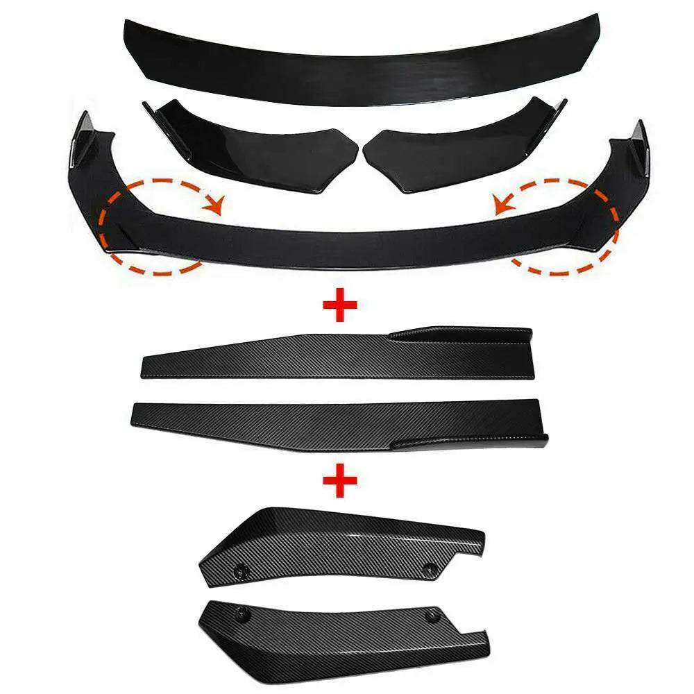 Black universal front bumper splitter lip spoiler diffuser body kit with winglets and side skirt extensions