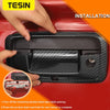 Installation guide showing how to paste a tailgate handle trim cover onto a vehicle.