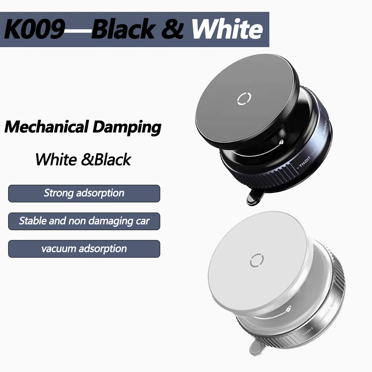 A black and white mechanical damping phone holder with a smooth top and threaded base.