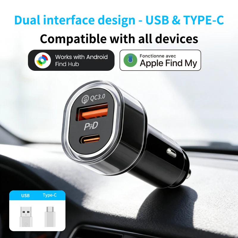 A dual interface car phone charger and GPS tracker is shown mounted in a vehicle interior.