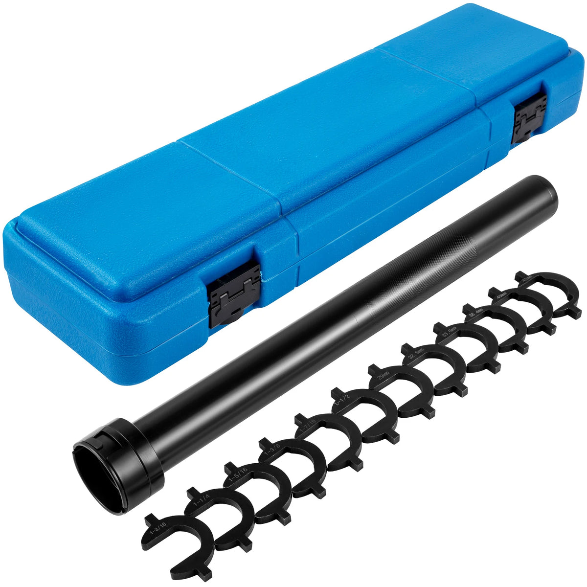A blue plastic tool case containing a black inner tie rod removal tool set with crowfoot adapters.