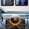 A magnetic wireless charging phone mount is shown installed in a car's interior console.