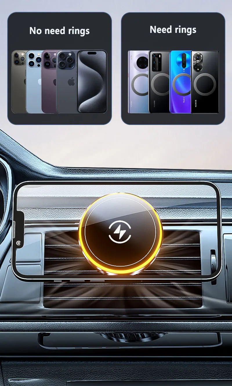 A magnetic wireless charging phone mount is shown installed in a car's interior console.