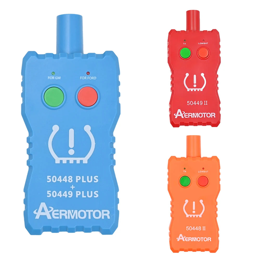 A set of two Aeromotor tire pressure sensor relearn tools, one blue and one orange.