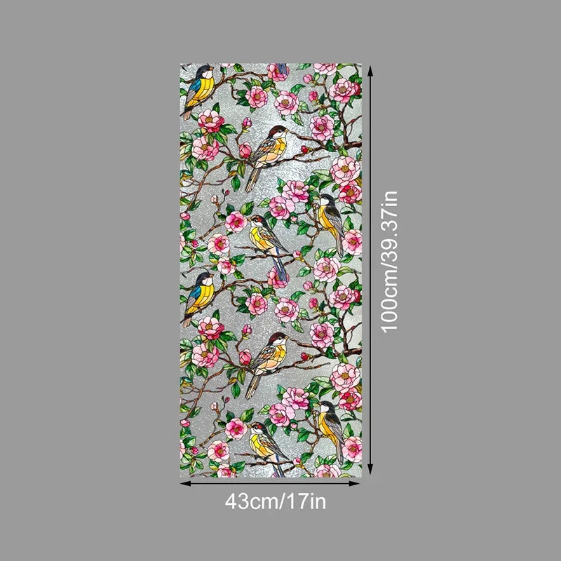 Decorative PVC stained glass window film featuring colorful birds and pink flowers on a gray background