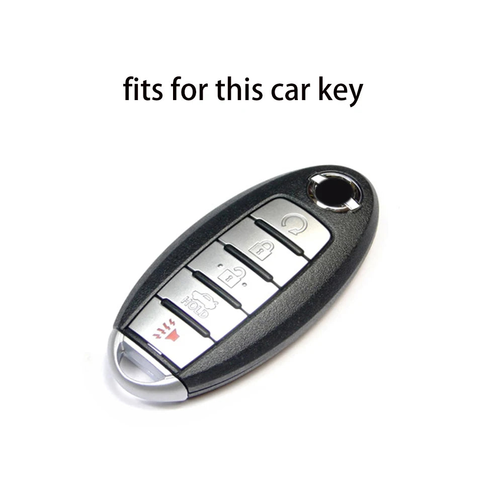 A close-up view of a black universal car key fob cover with various buttons and a silver finish.