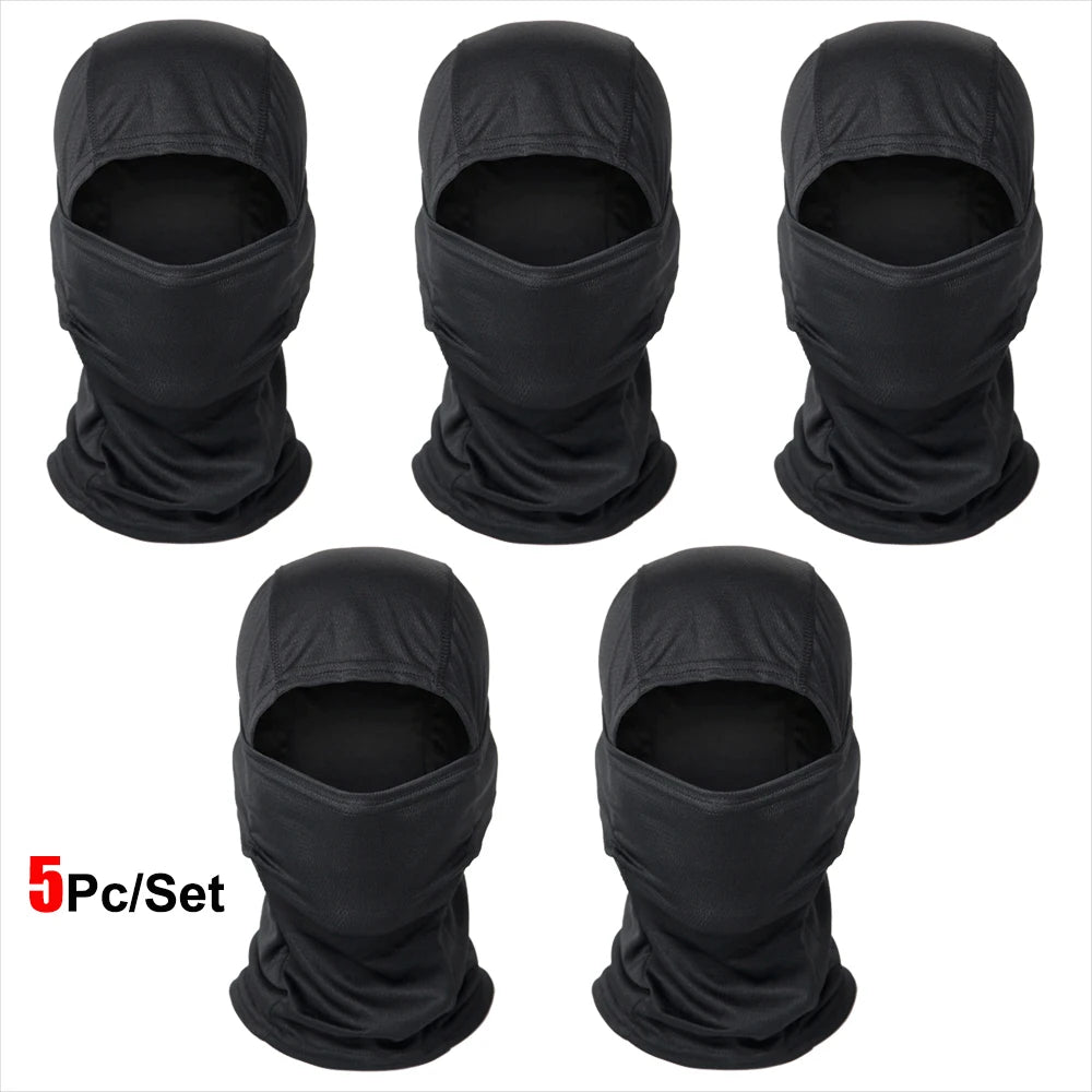 Five black multi-functional stretchy balaclava caps shown in various folds and angles