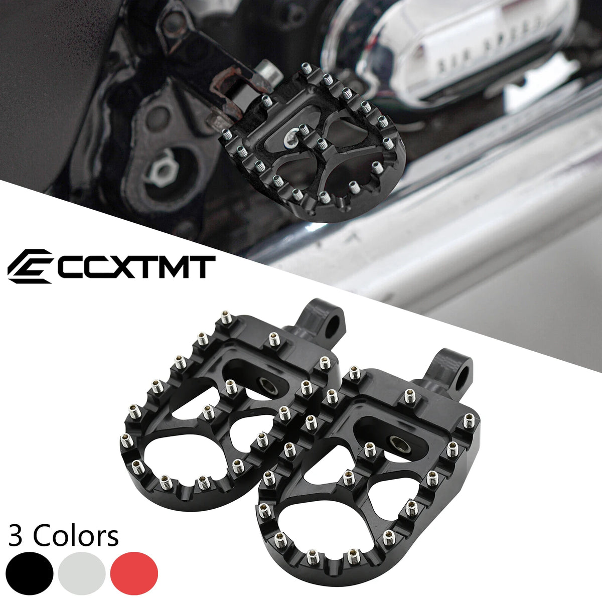 Set of three black rotating wide foot pegs for motorcycles shown with color options.