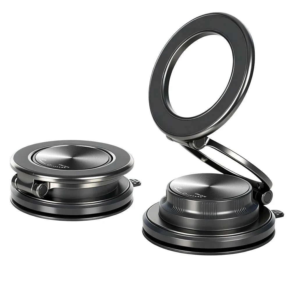 Support magnétique rotatif noir pour téléphone, avec base circulaire et pince réglable.