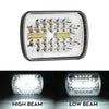 A clear square LED headlight assembly showing high beam and low beam configurations.