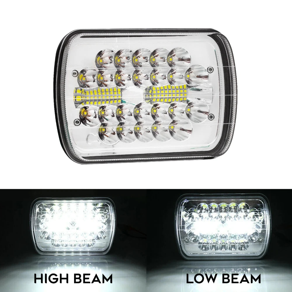 A clear square LED headlight assembly showing high beam and low beam configurations.