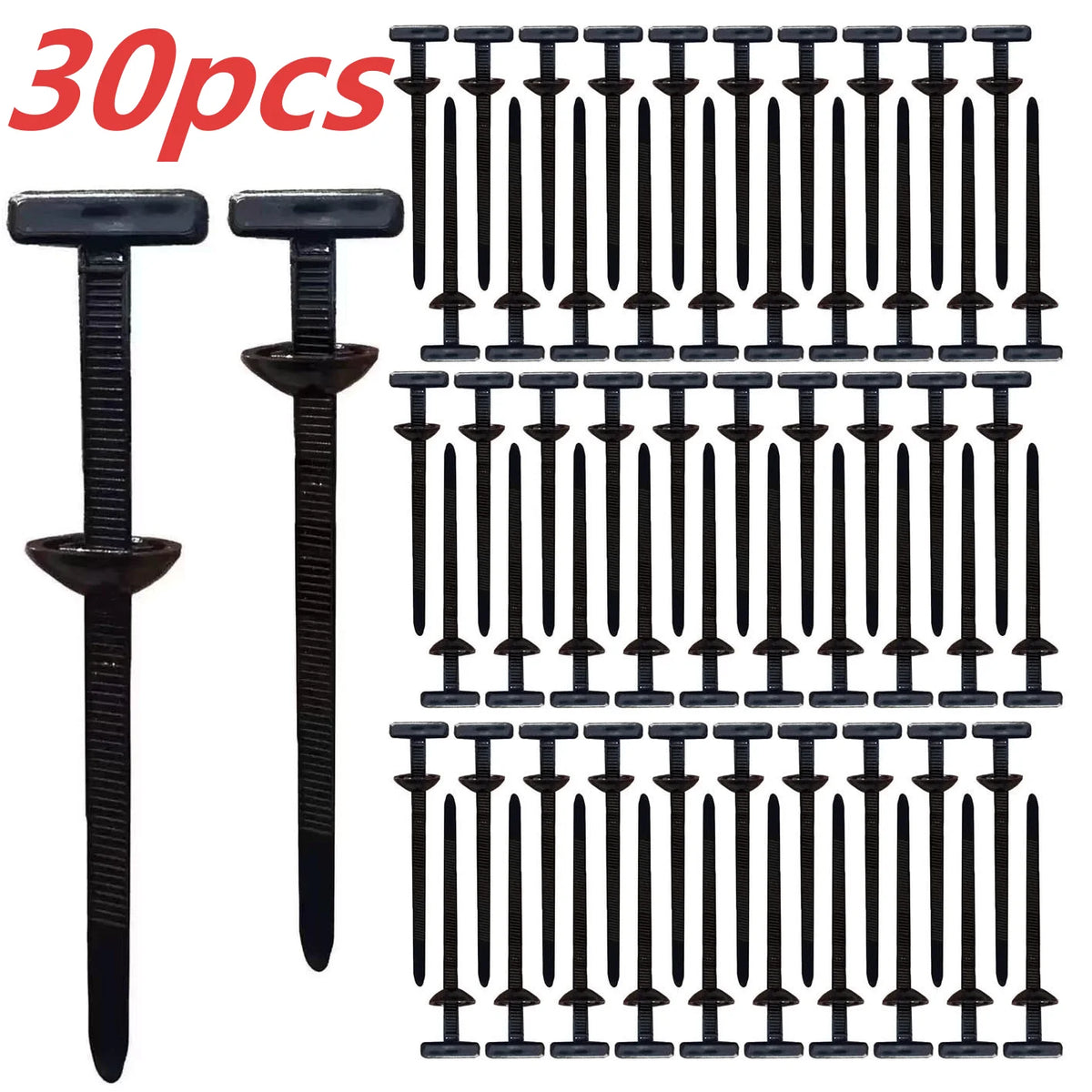 A set of 30 black durable self-locking nylon cable ties.