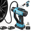 A blue and black portable tool kit featuring a tire inflator, car vacuum, and LED light.