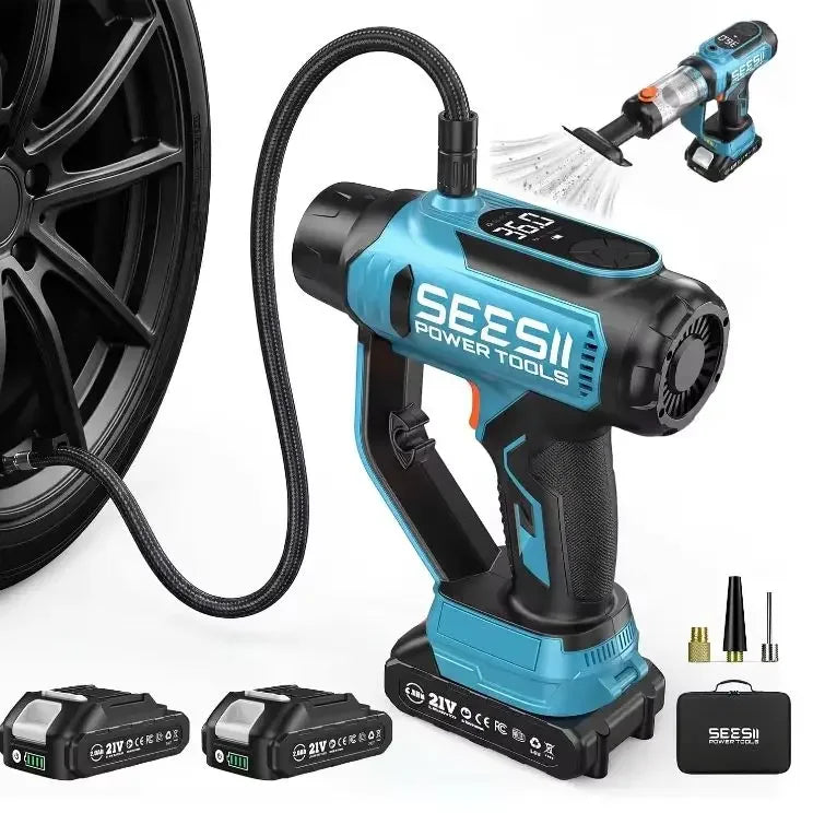 A blue and black portable tool kit featuring a tire inflator, car vacuum, and LED light.