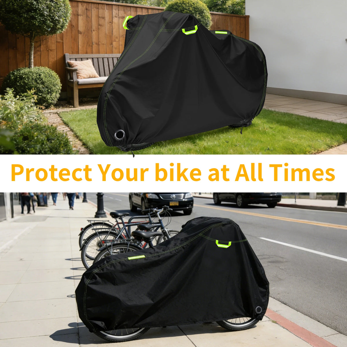 Black waterproof bicycle cover with reflective strips and lock holes placed over a bicycle on a sidewalk.