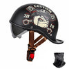 Schwarzer Vintage-Motorradhelm mit Custom-Grafiken aus Schädeln und Zahlen