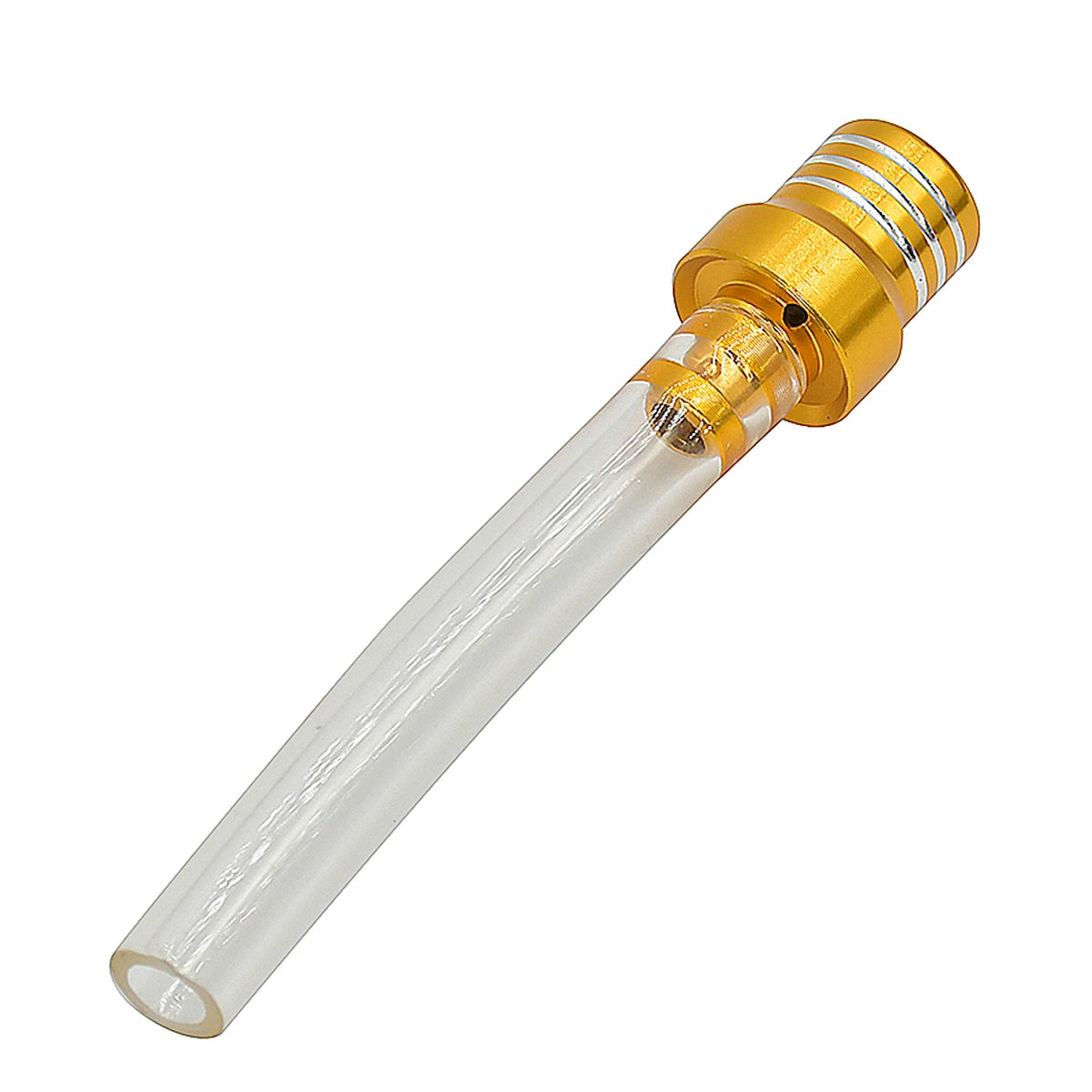 A clear glass fuel vent breather hose with a brass fitting and ribbed end.