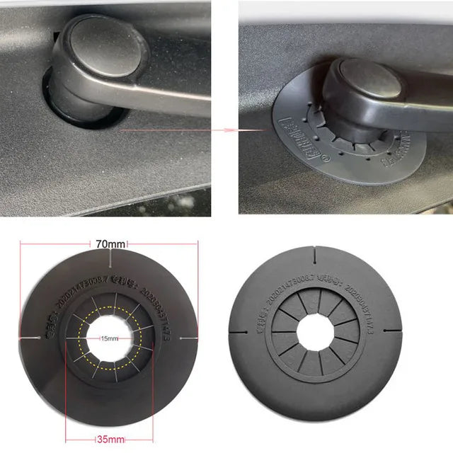 A close-up view of a black car windshield debris protector sleeve and its mounting mechanism.