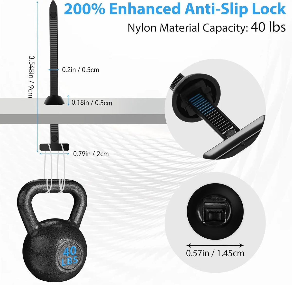 A black nylon cable tie with a locking mechanism and a weight capacity of 40 lbs.